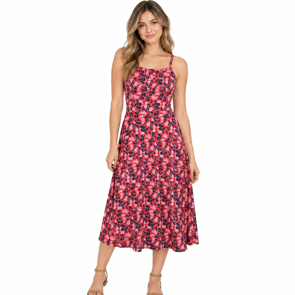 Pact Womens Fit & Flare Coral Pink Blue Floral Knit Sleeveless Midi Dress sz S